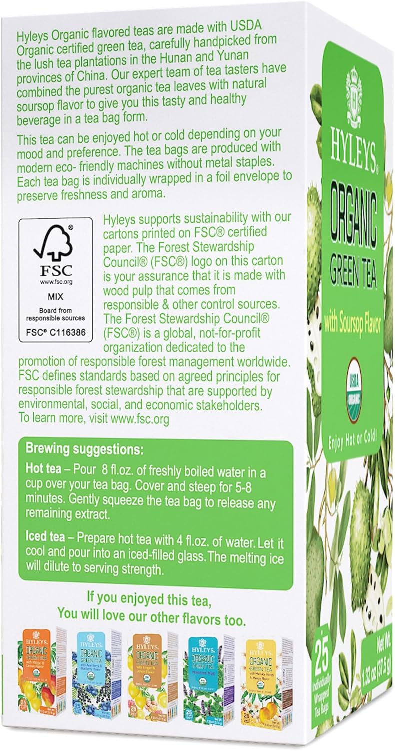 Hyleys Organic Green Tea with Soursop Flavor - 25 Tea Bags - Image 3